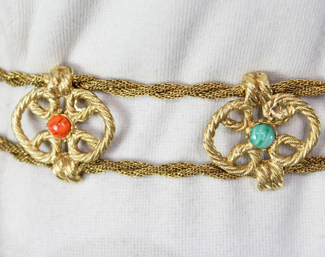 1960s Goddess Belt - Small Medium Large - 60s Body Jewelry - Gorgeous Gold Hue Metal Cord - Faux Coral Orange - Turquoise Blue - Jade Green