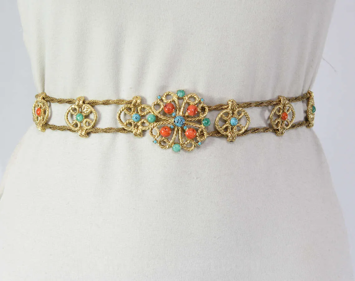 1960s Goddess Belt - Small Medium Large - 60s Body Jewelry - Gorgeous Gold Hue Metal Cord - Faux Coral Orange - Turquoise Blue - Jade Green
