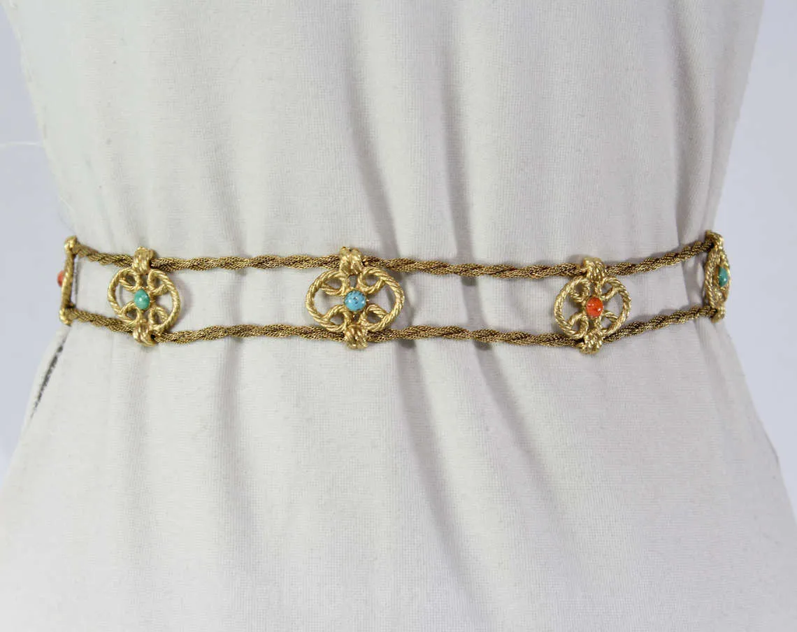 1960s Goddess Belt - Small Medium Large - 60s Body Jewelry - Gorgeous Gold Hue Metal Cord - Faux Coral Orange - Turquoise Blue - Jade Green