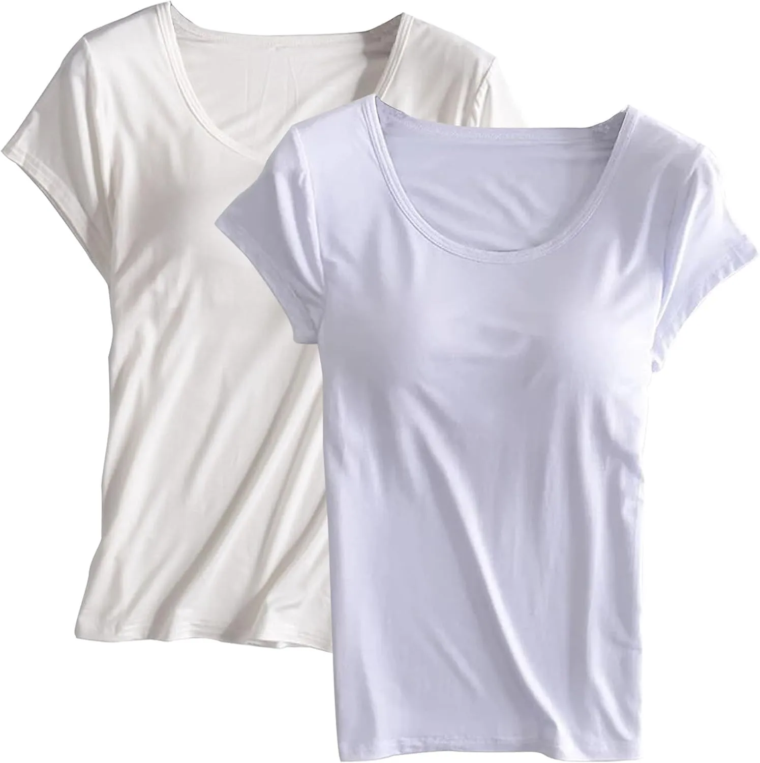 2 Pack Tops with Built in Bra for Women Short Sleeve Crewneck Solid Basic Tee Shirts Summer Loose Fit Soft Pajama Tops