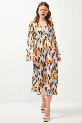 Abstract Print Brown/Blue Cut Out Detail Angel Sleeve Midi Dress