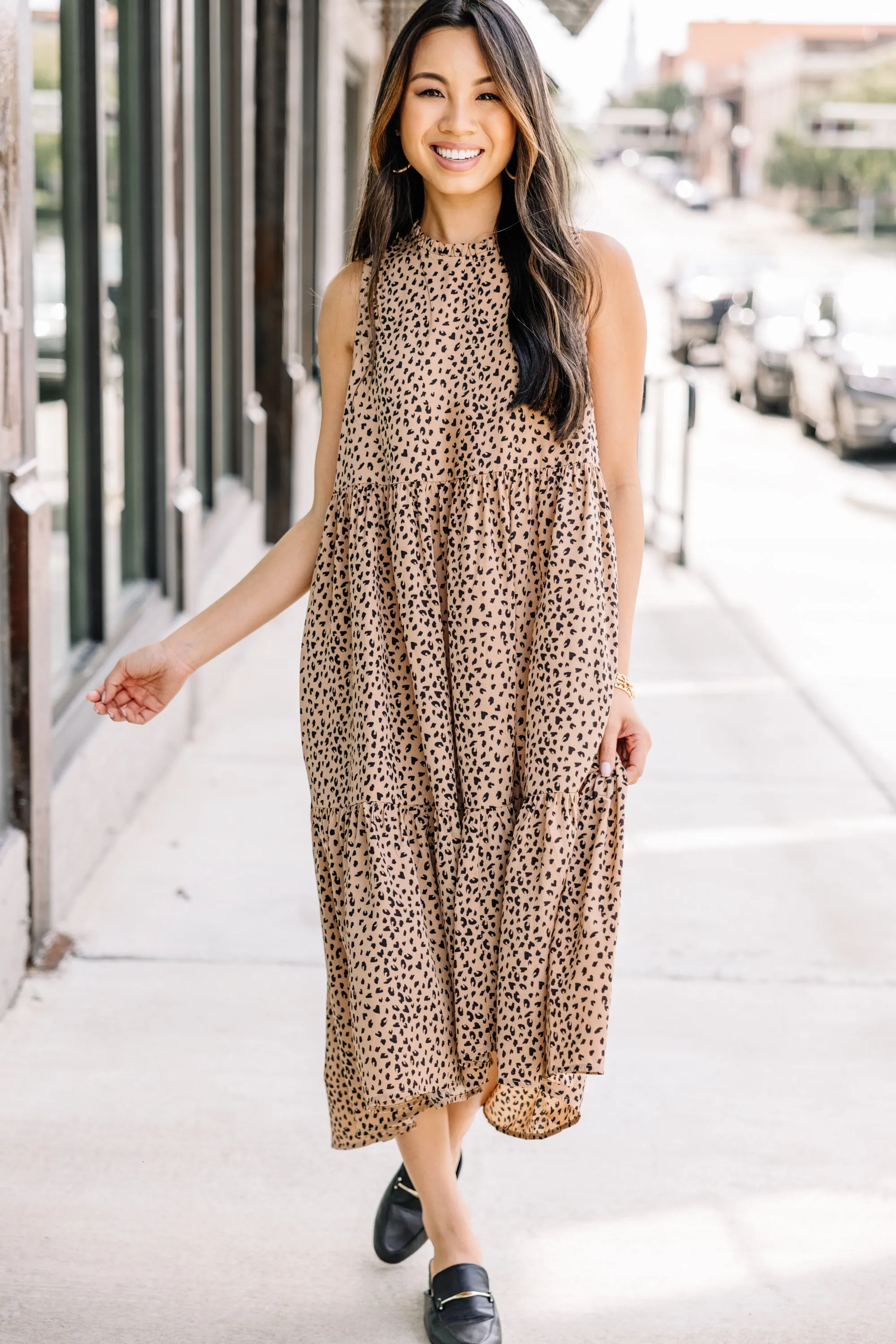 Always Bold Taupe Brown Spotted Midi Dress