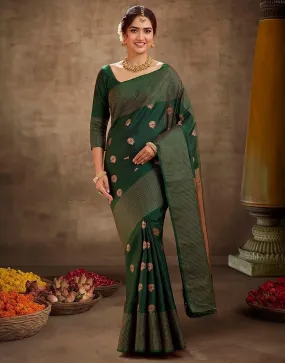 Amazing Dark Green Soft Silk Saree With Sophisticated Blouse Piece