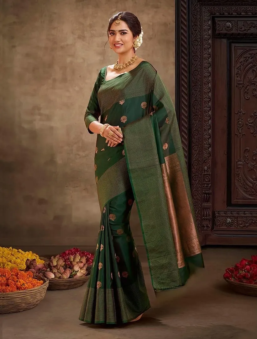 Amazing Dark Green Soft Silk Saree With Sophisticated Blouse Piece