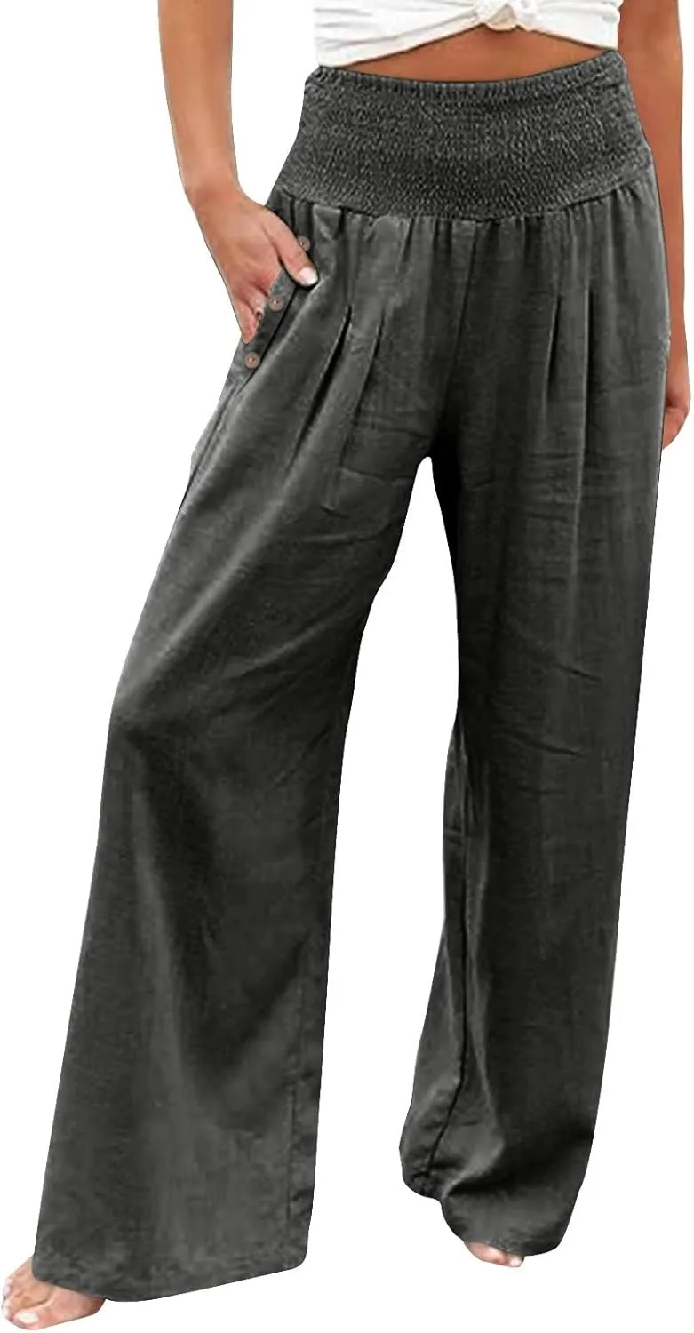 Aniywn Casual Linen Pants for Women Comfy Smocked High Waist Wide Leg Pants Casual Flowy Palazzo Beach Pants with Pockets