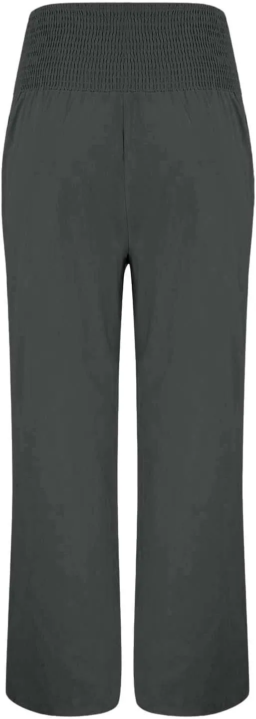 Aniywn Casual Linen Pants for Women Comfy Smocked High Waist Wide Leg Pants Casual Flowy Palazzo Beach Pants with Pockets