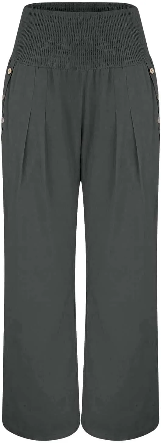 Aniywn Casual Linen Pants for Women Comfy Smocked High Waist Wide Leg Pants Casual Flowy Palazzo Beach Pants with Pockets