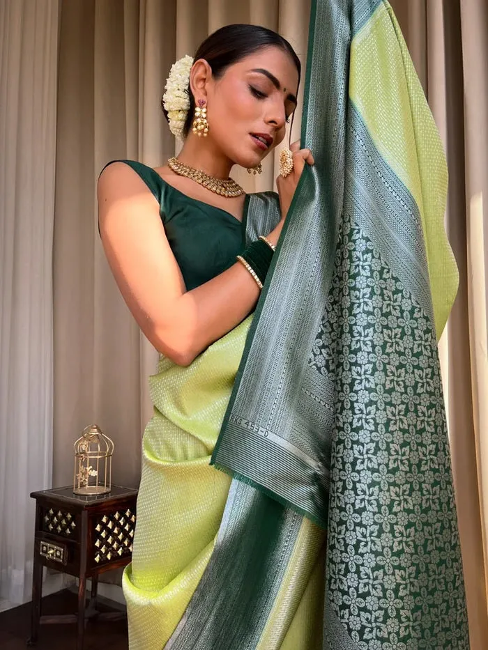 Appealing Pista Soft Silk Saree With Designer Blouse Piece