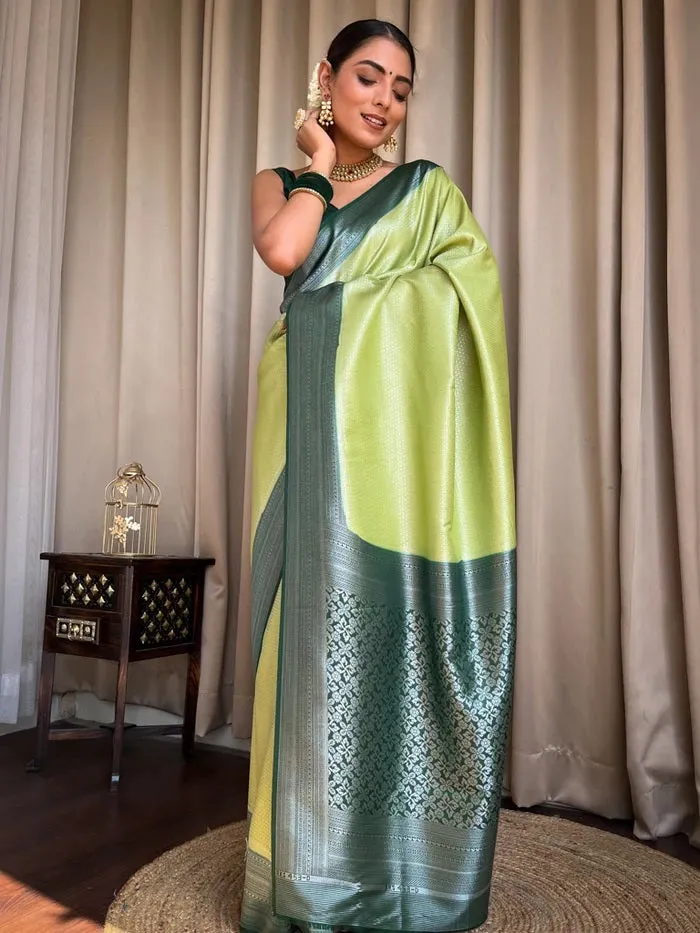 Appealing Pista Soft Silk Saree With Designer Blouse Piece