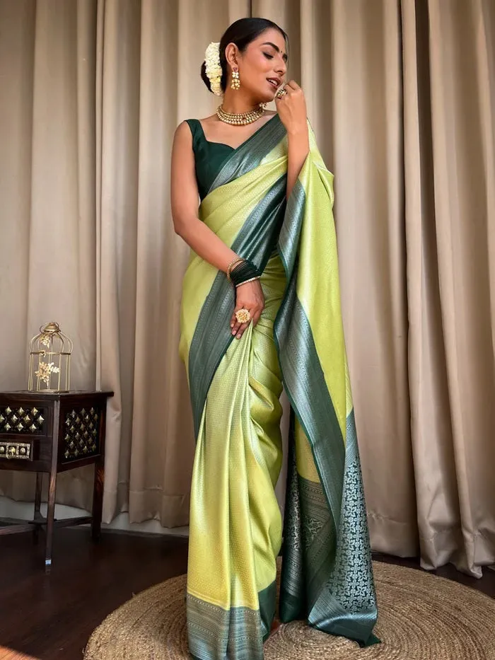 Appealing Pista Soft Silk Saree With Designer Blouse Piece