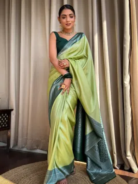 Appealing Pista Soft Silk Saree With Designer Blouse Piece