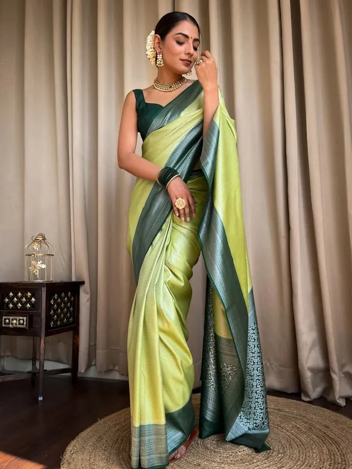 Appealing Pista Soft Silk Saree With Designer Blouse Piece