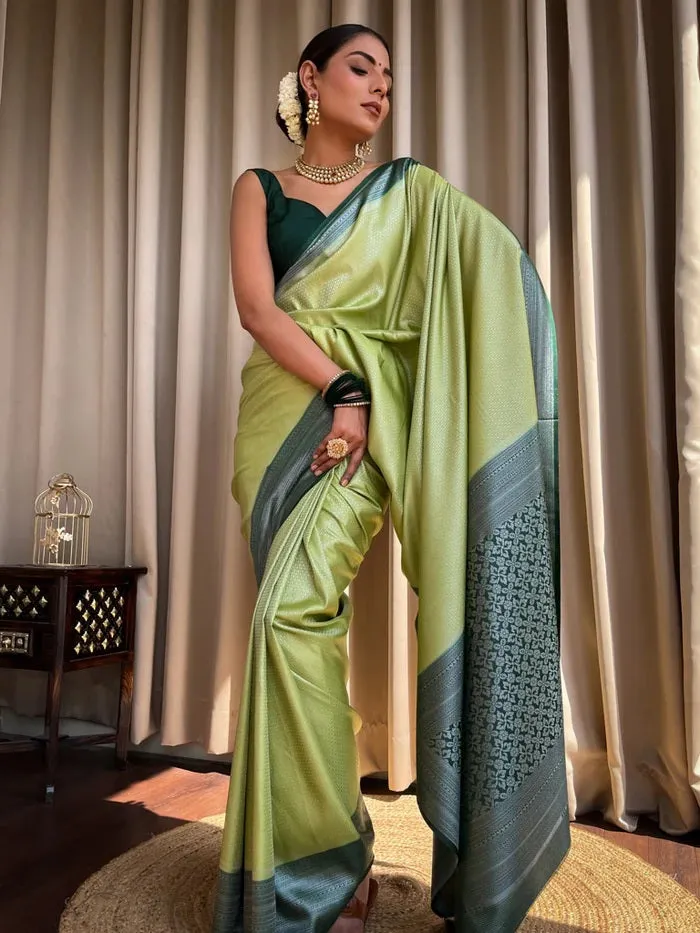 Appealing Pista Soft Silk Saree With Designer Blouse Piece