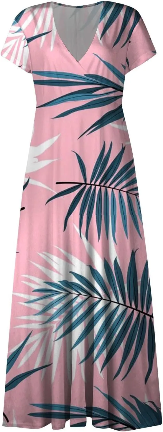 Azeralia Wedding Dress Deep V Neck Short Sleeve Sun Dress for Beach Vacation Wedding Guest Dress Tea Party Dresses for Woman