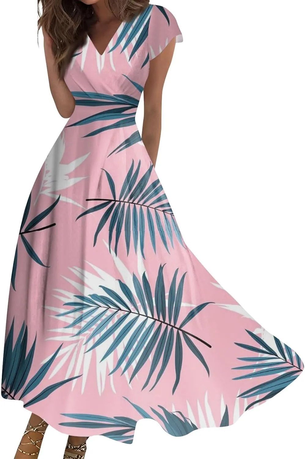 Azeralia Wedding Dress Deep V Neck Short Sleeve Sun Dress for Beach Vacation Wedding Guest Dress Tea Party Dresses for Woman