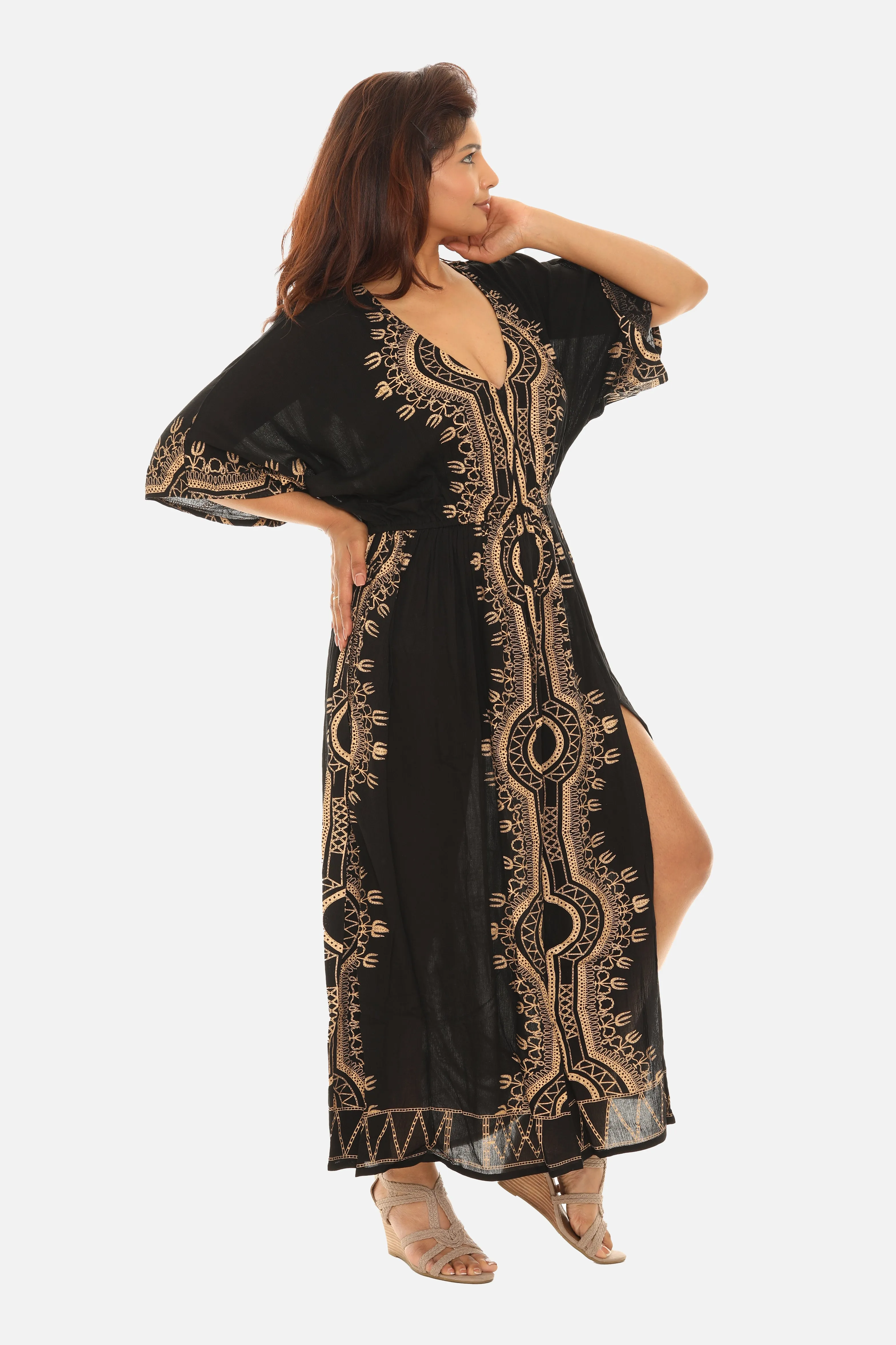 Bohemian Block Print Long Kaftan Dress