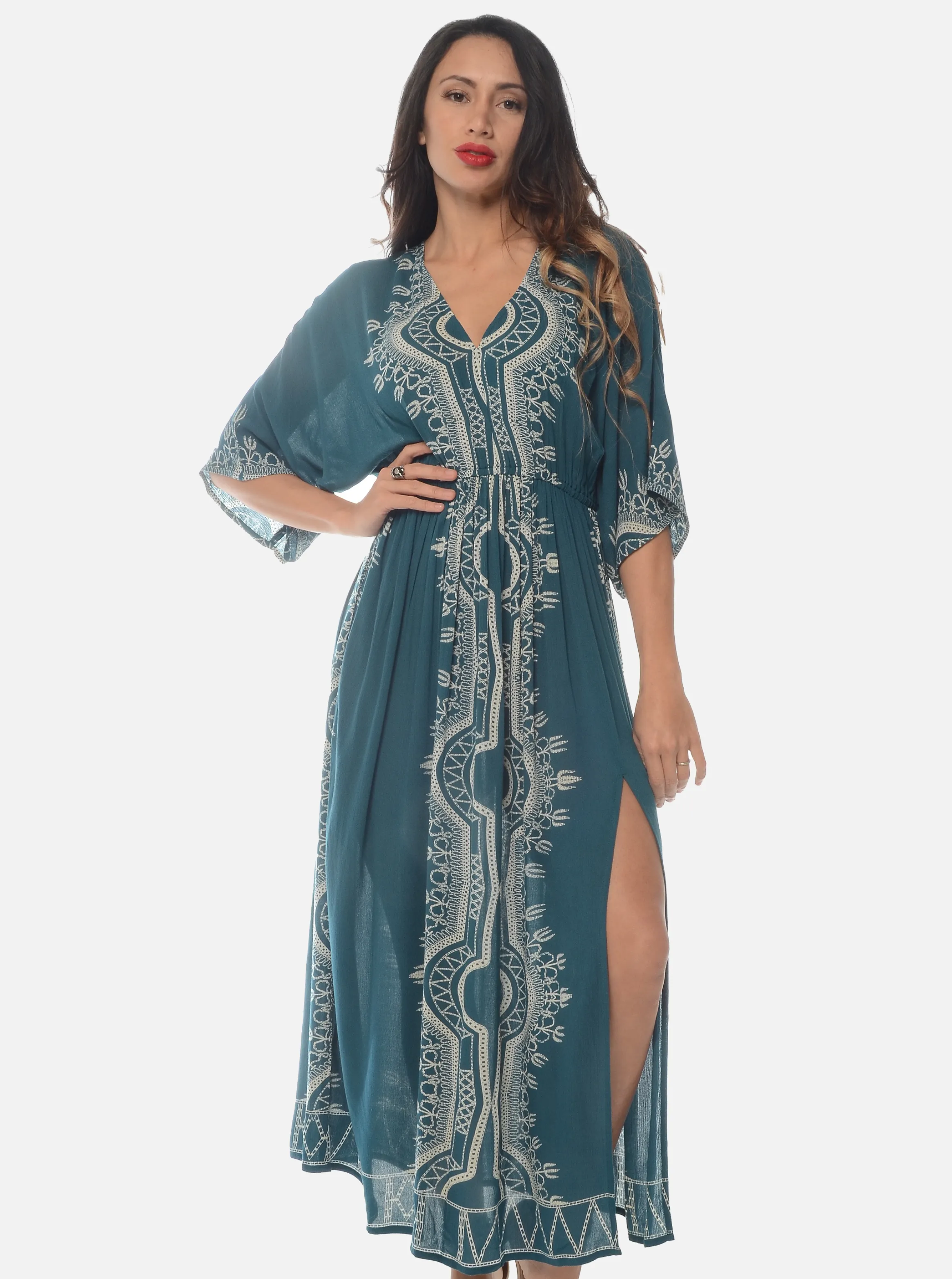 Bohemian Block Print Long Kaftan Dress