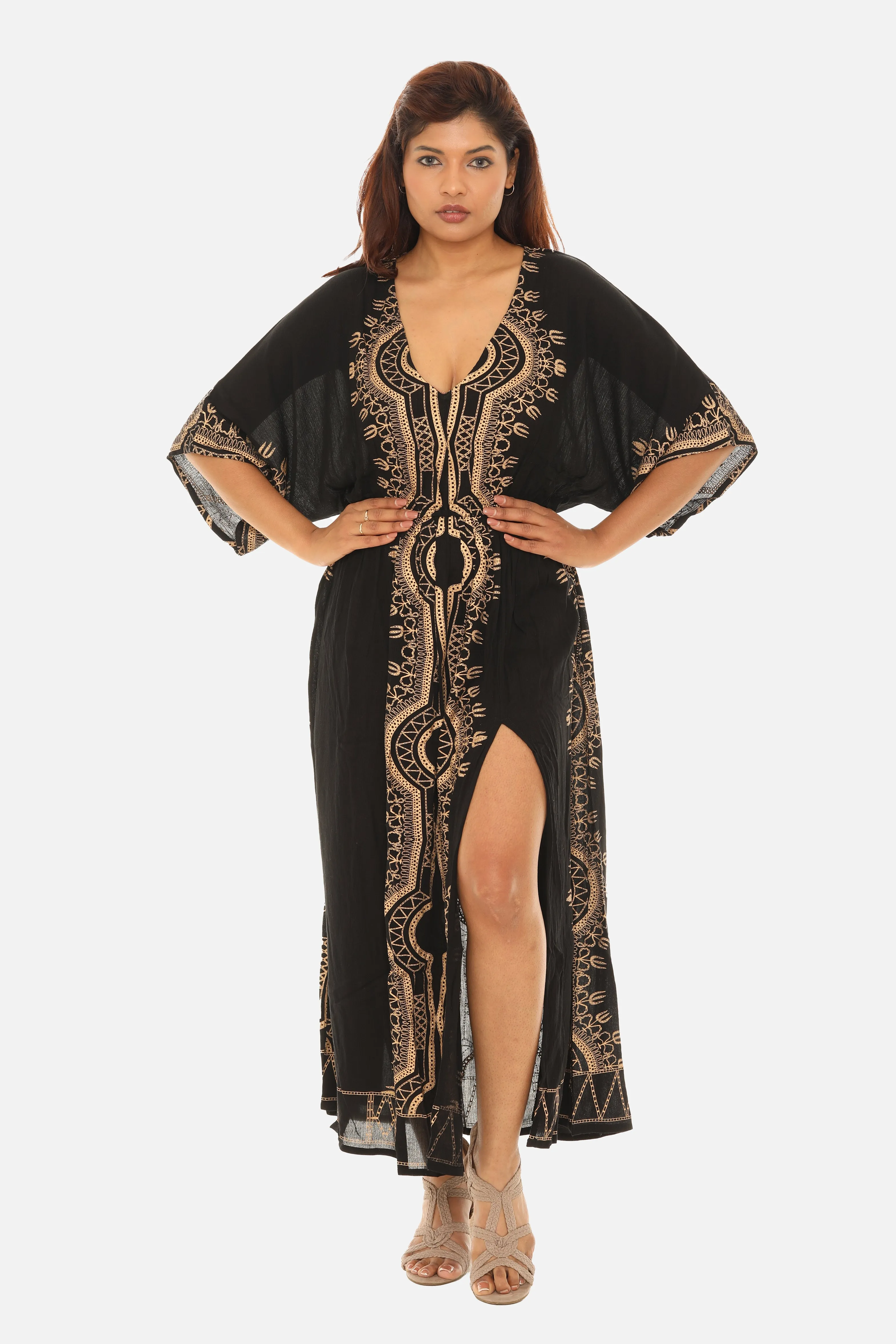 Bohemian Block Print Long Kaftan Dress