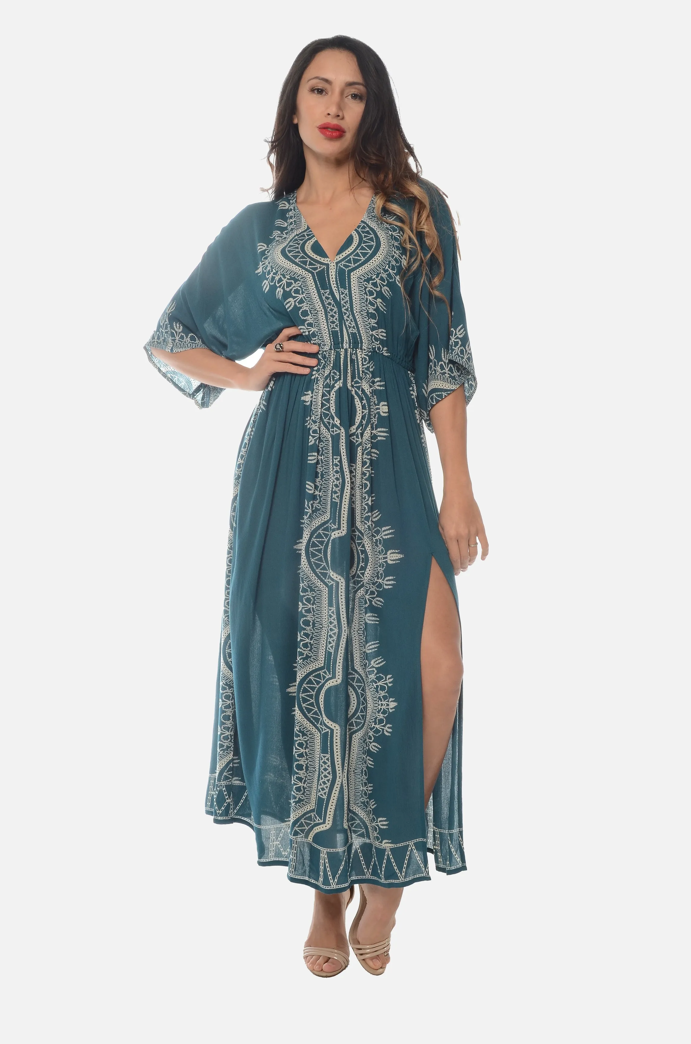 Bohemian Block Print Long Kaftan Dress
