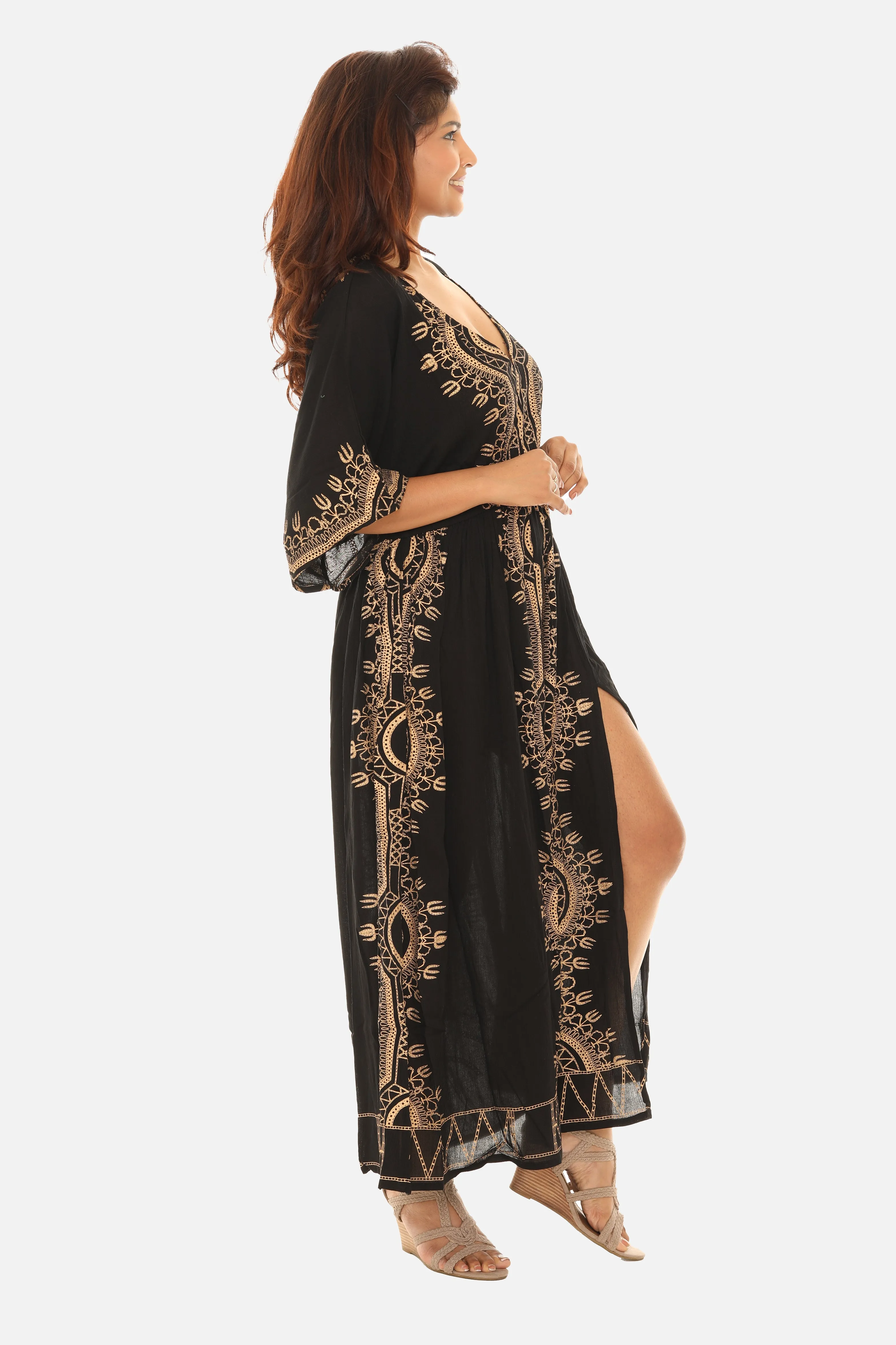 Bohemian Block Print Long Kaftan Dress