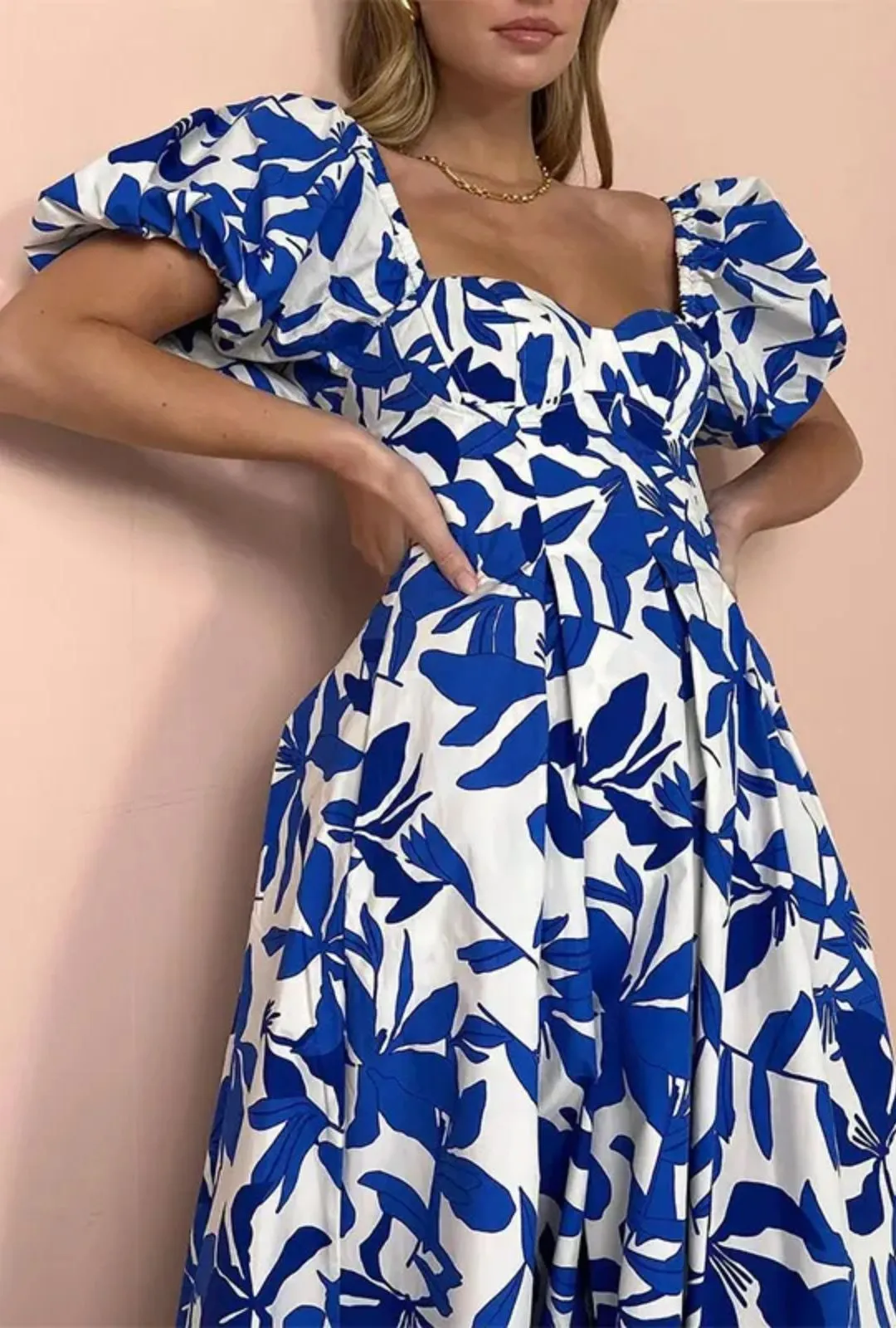 Boho Beach Dress - Backless Summer Vacation Vibes - Blue Leaf