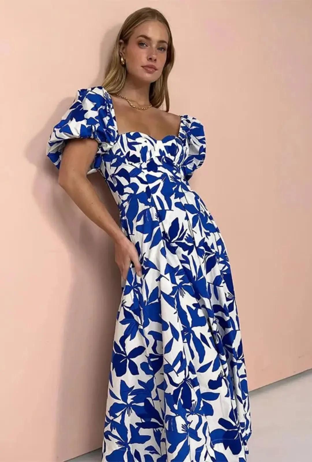 Boho Beach Dress - Backless Summer Vacation Vibes - Blue Leaf