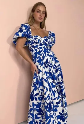 Boho Beach Dress - Backless Summer Vacation Vibes - Blue Leaf