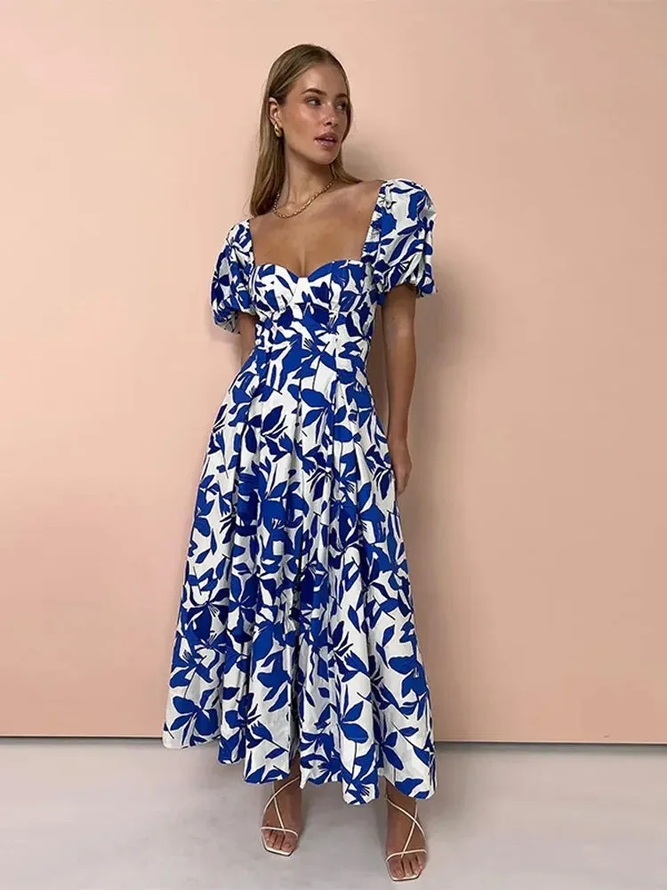 Boho Beach Dress - Backless Summer Vacation Vibes - Blue Leaf