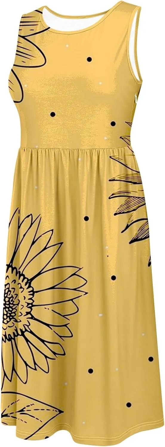 Boho Dress for Women Women's Spring/Summer Flower Printed Casual Tank Top Pockets Beach Casual Dress 100 Linen Dress