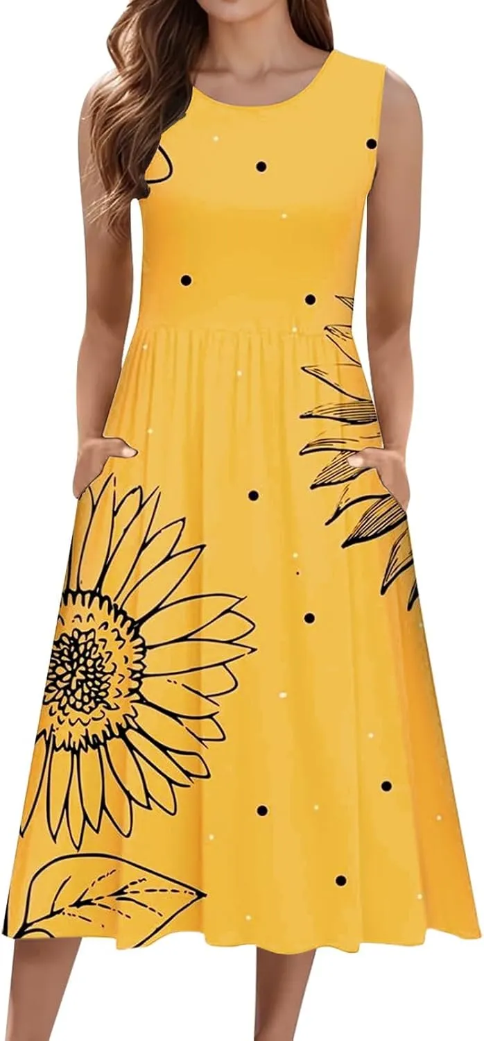 Boho Dress for Women Women's Spring/Summer Flower Printed Casual Tank Top Pockets Beach Casual Dress 100 Linen Dress