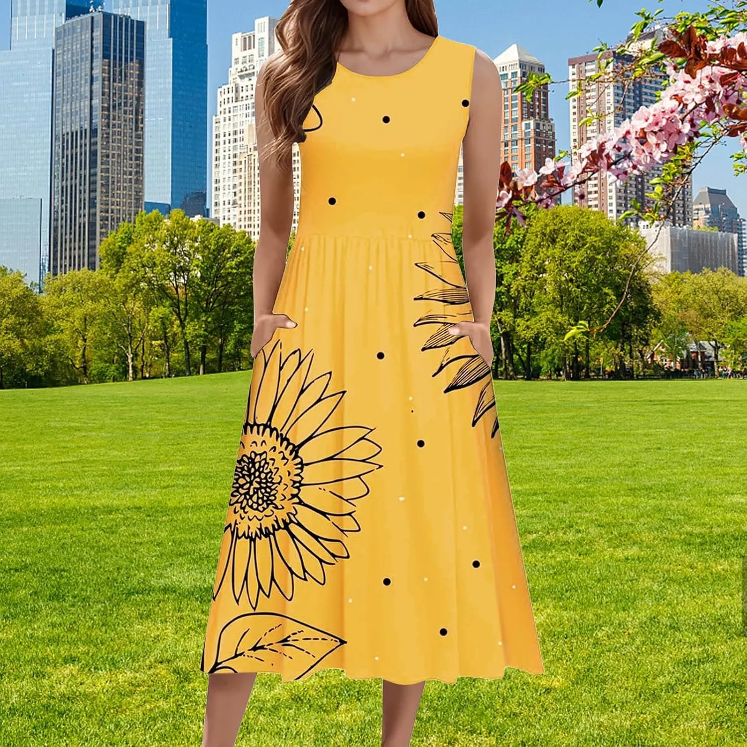 Boho Dress for Women Women's Spring/Summer Flower Printed Casual Tank Top Pockets Beach Casual Dress 100 Linen Dress