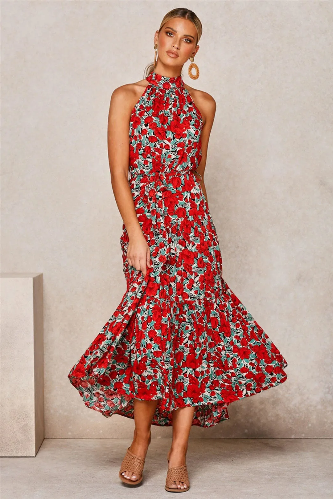 Boho Maxi Dress, Halter Dress, Meadowsweet in Red Tulip