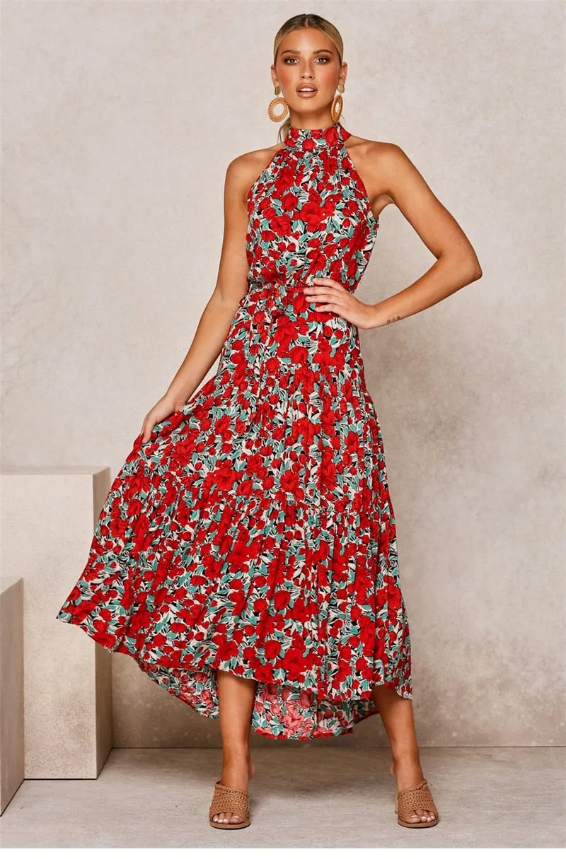 Boho Maxi Dress, Halter Dress, Meadowsweet in Red Tulip