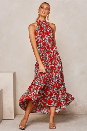 Boho Maxi Dress, Halter Dress, Meadowsweet in Red Tulip