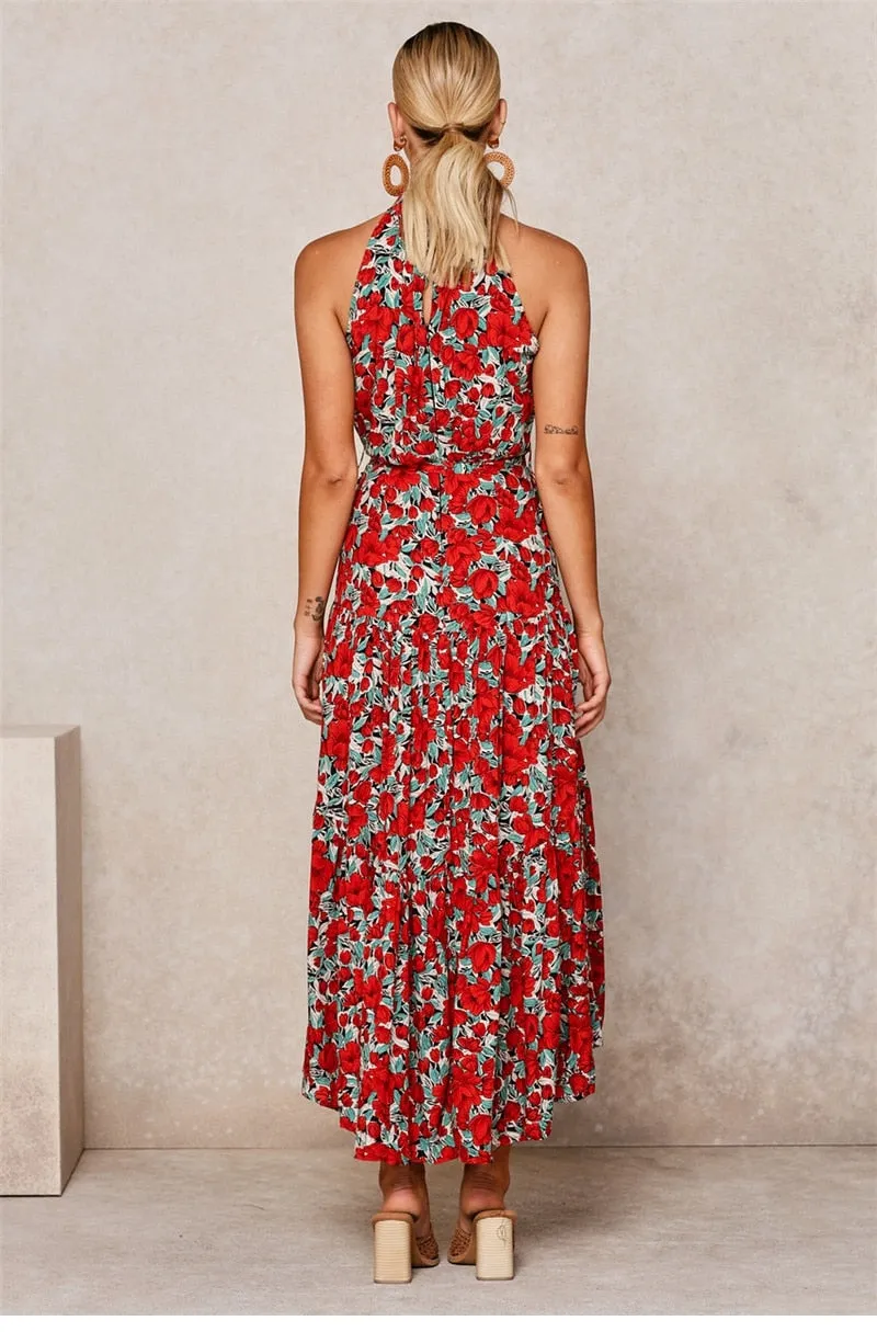 Boho Maxi Dress, Halter Dress, Meadowsweet in Red Tulip