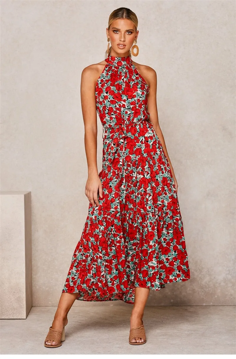 Boho Maxi Dress, Halter Dress, Meadowsweet in Red Tulip