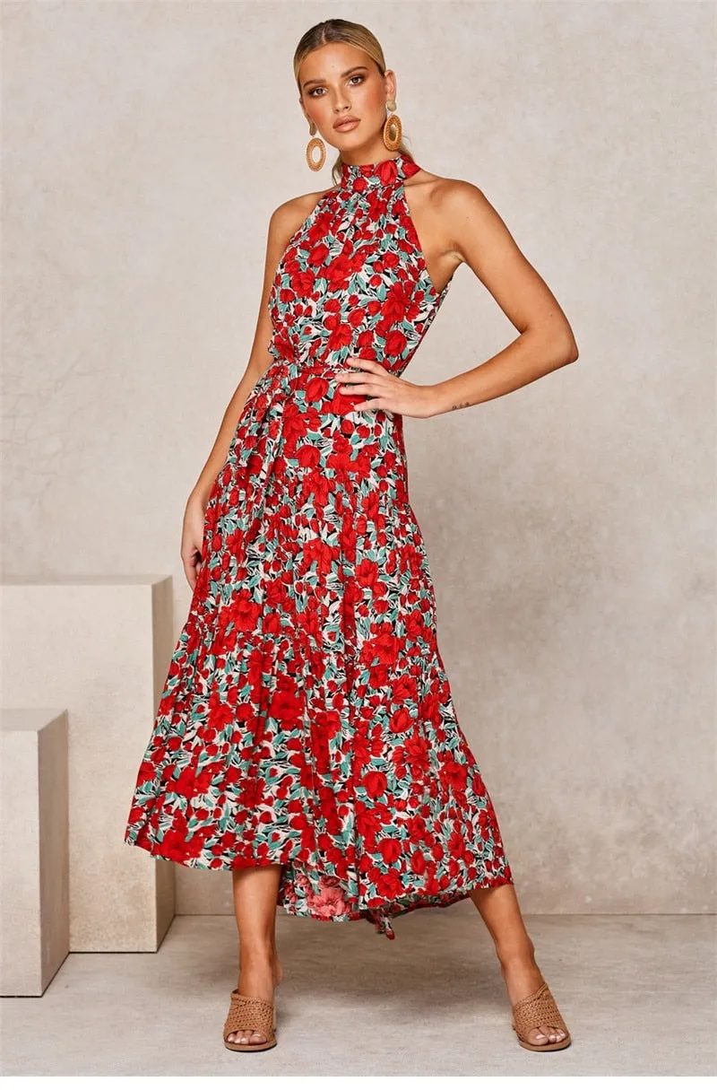 Boho Maxi Dress, Halter Dress, Meadowsweet in Red Tulip