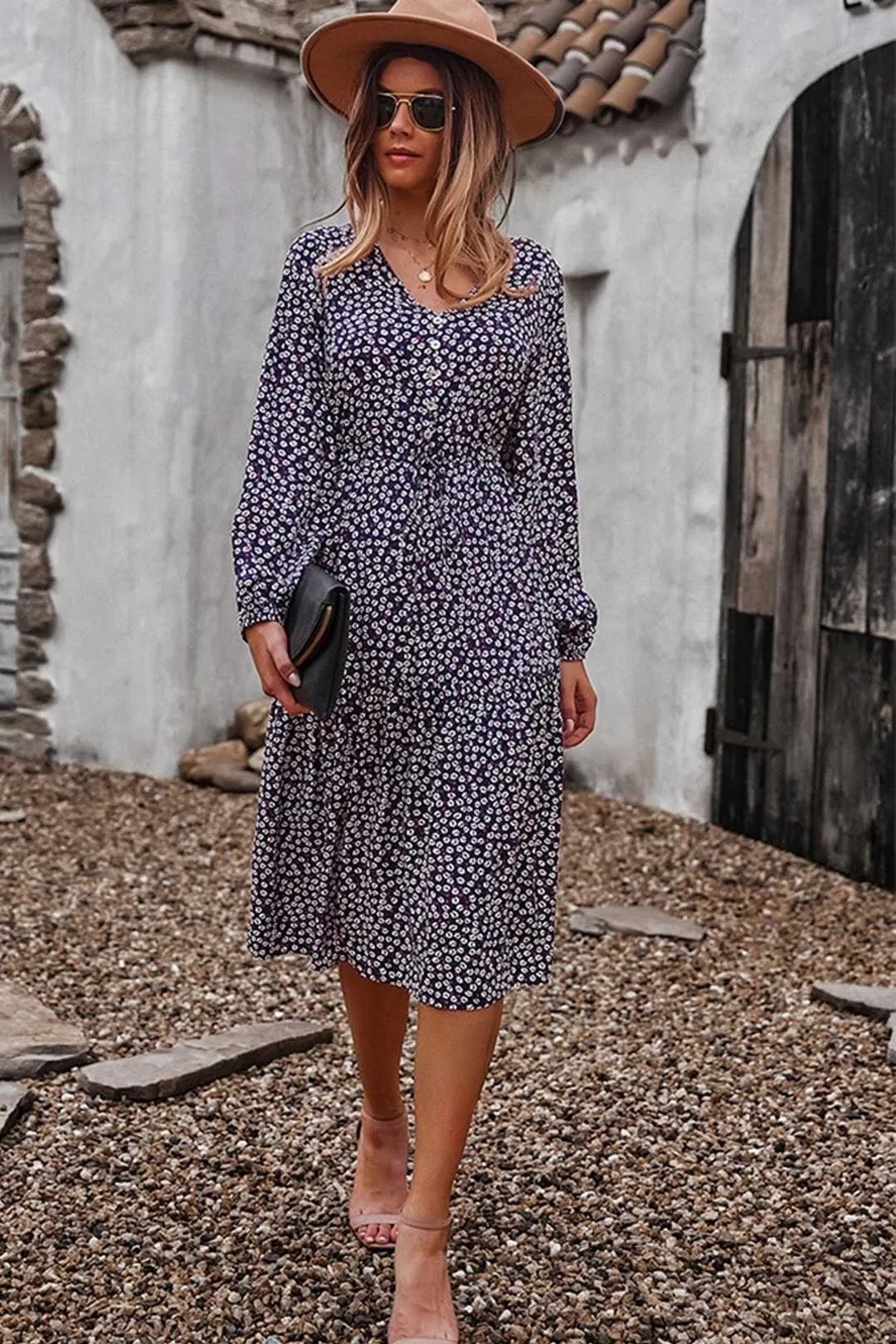 Boho Midi Dress, Claire in Navy