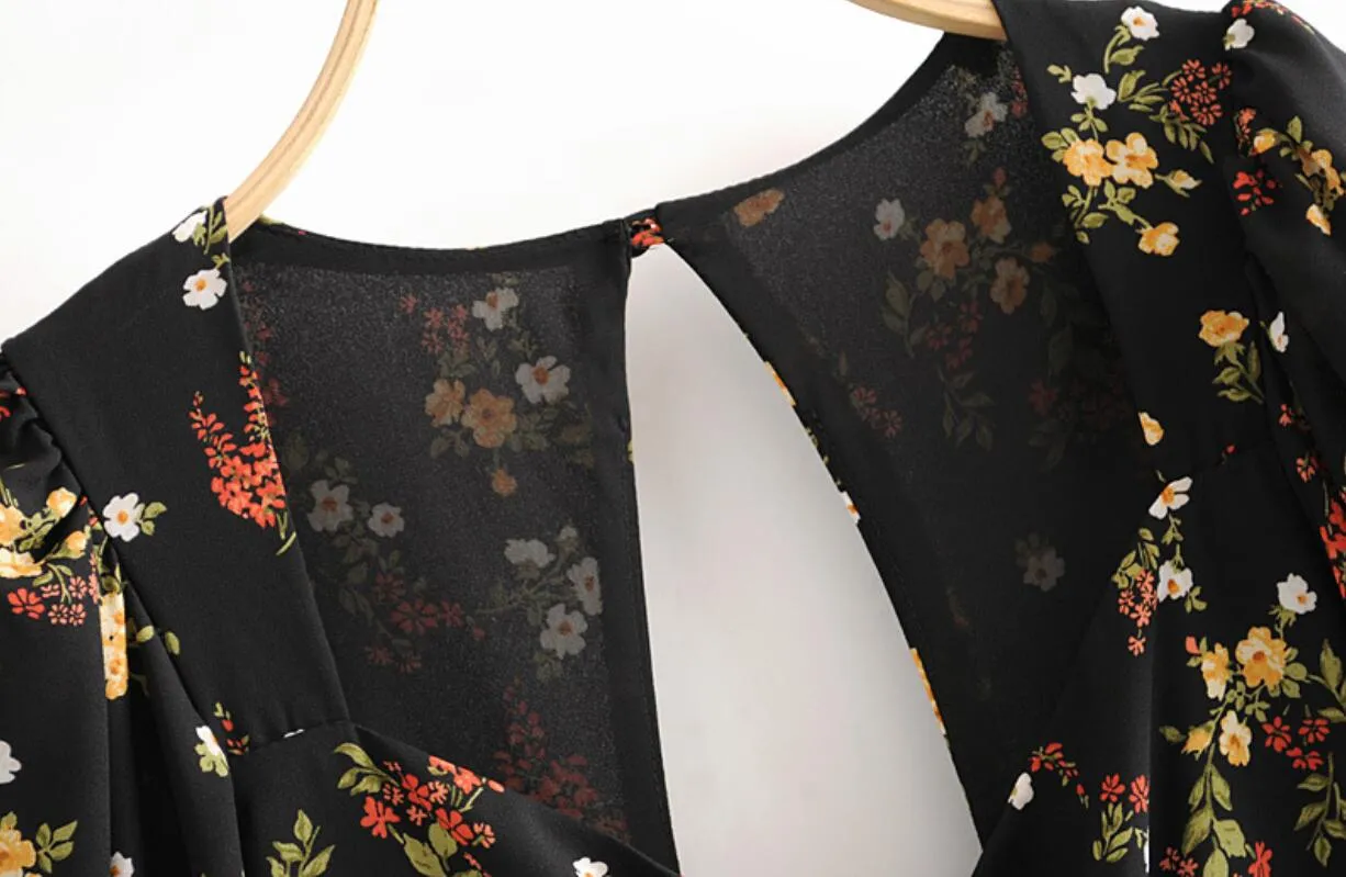 Boho Midi Dress, Midnight Black Garden