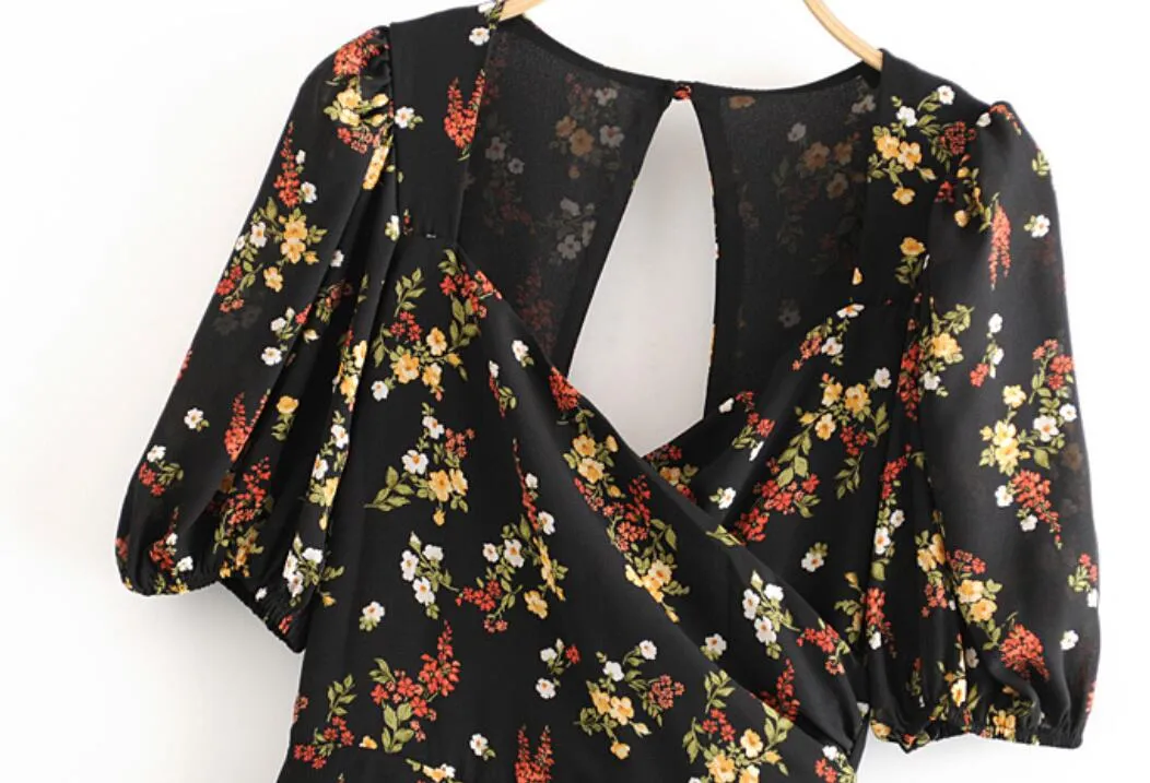 Boho Midi Dress, Midnight Black Garden