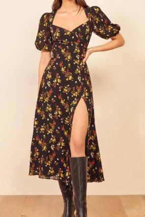 Boho Midi Dress, Midnight Black Garden