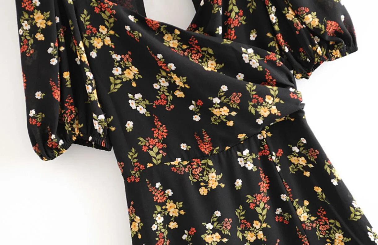 Boho Midi Dress, Midnight Black Garden