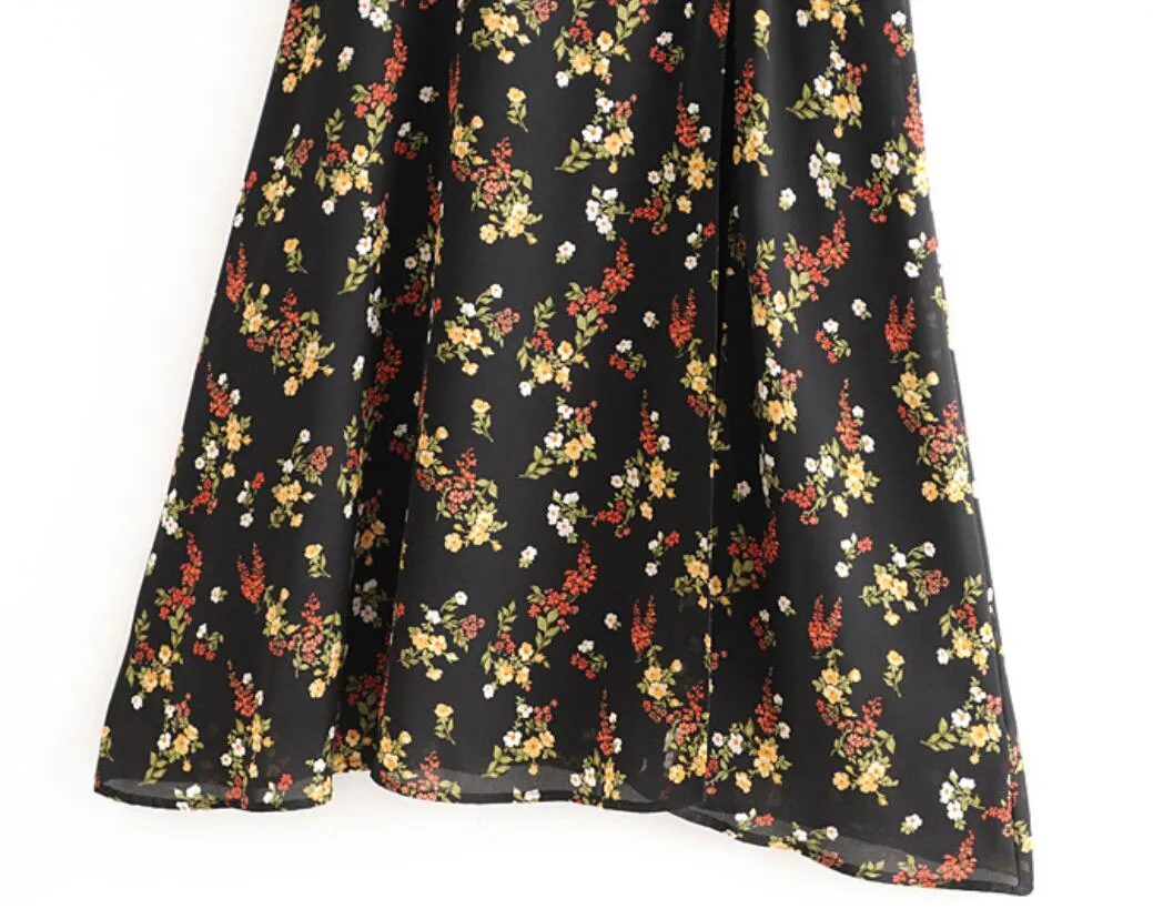 Boho Midi Dress, Midnight Black Garden
