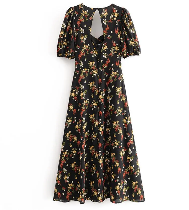 Boho Midi Dress, Midnight Black Garden