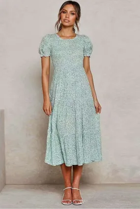 Boho Midi Dress, Off  Shoulder Smocked Dress, Blue Daisy Garden