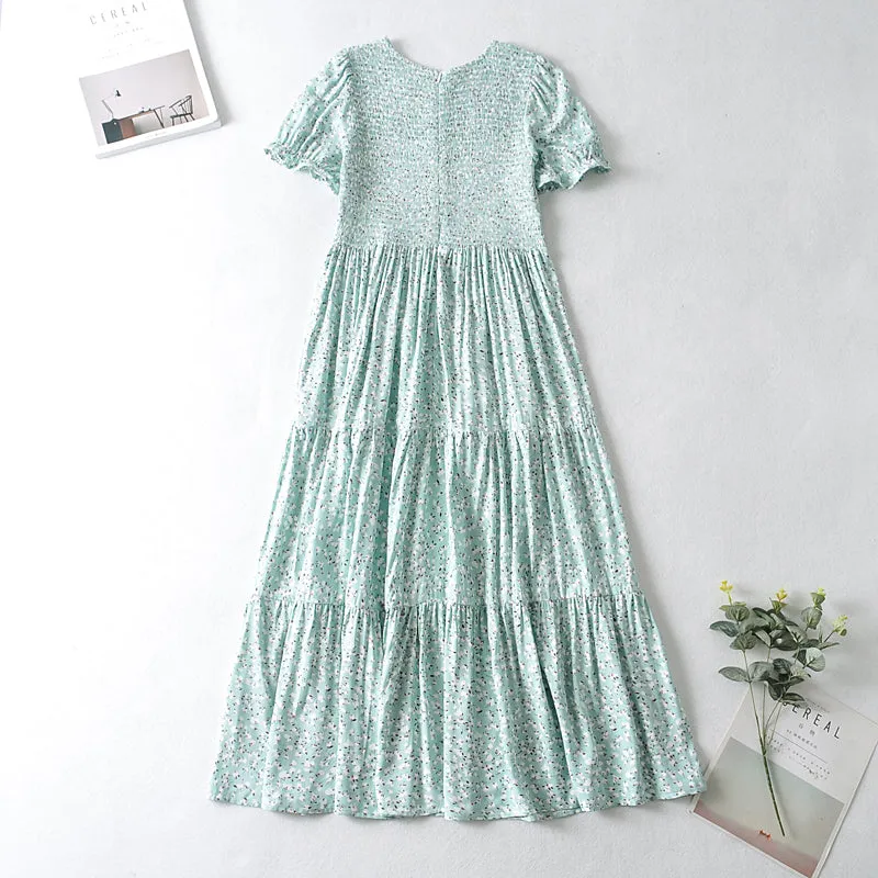 Boho Midi Dress, Off  Shoulder Smocked Dress, Blue Daisy Garden