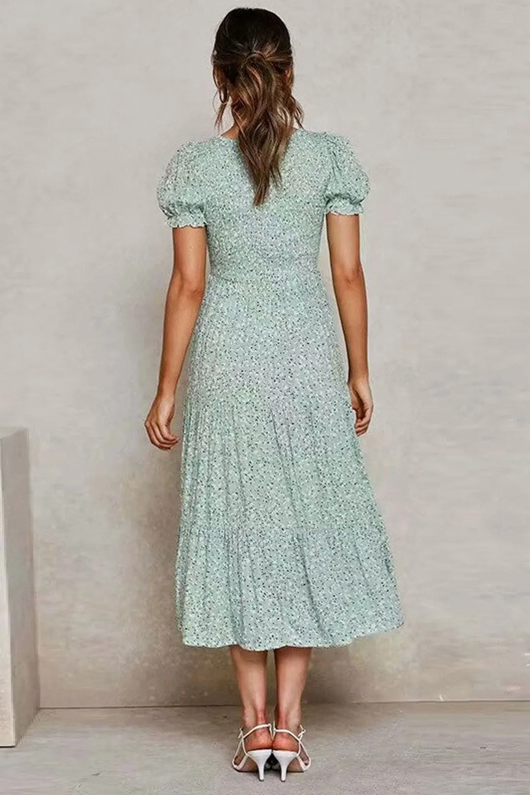 Boho Midi Dress, Off  Shoulder Smocked Dress, Blue Daisy Garden