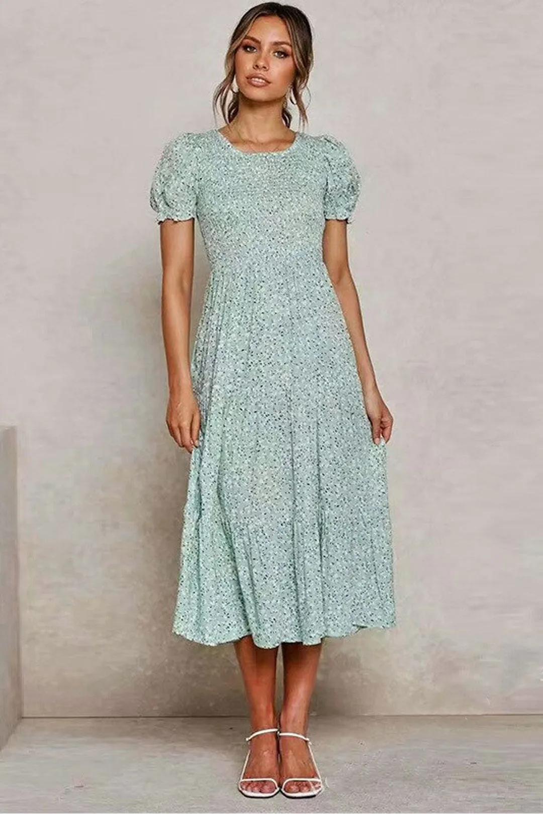 Boho Midi Dress, Off  Shoulder Smocked Dress, Blue Daisy Garden