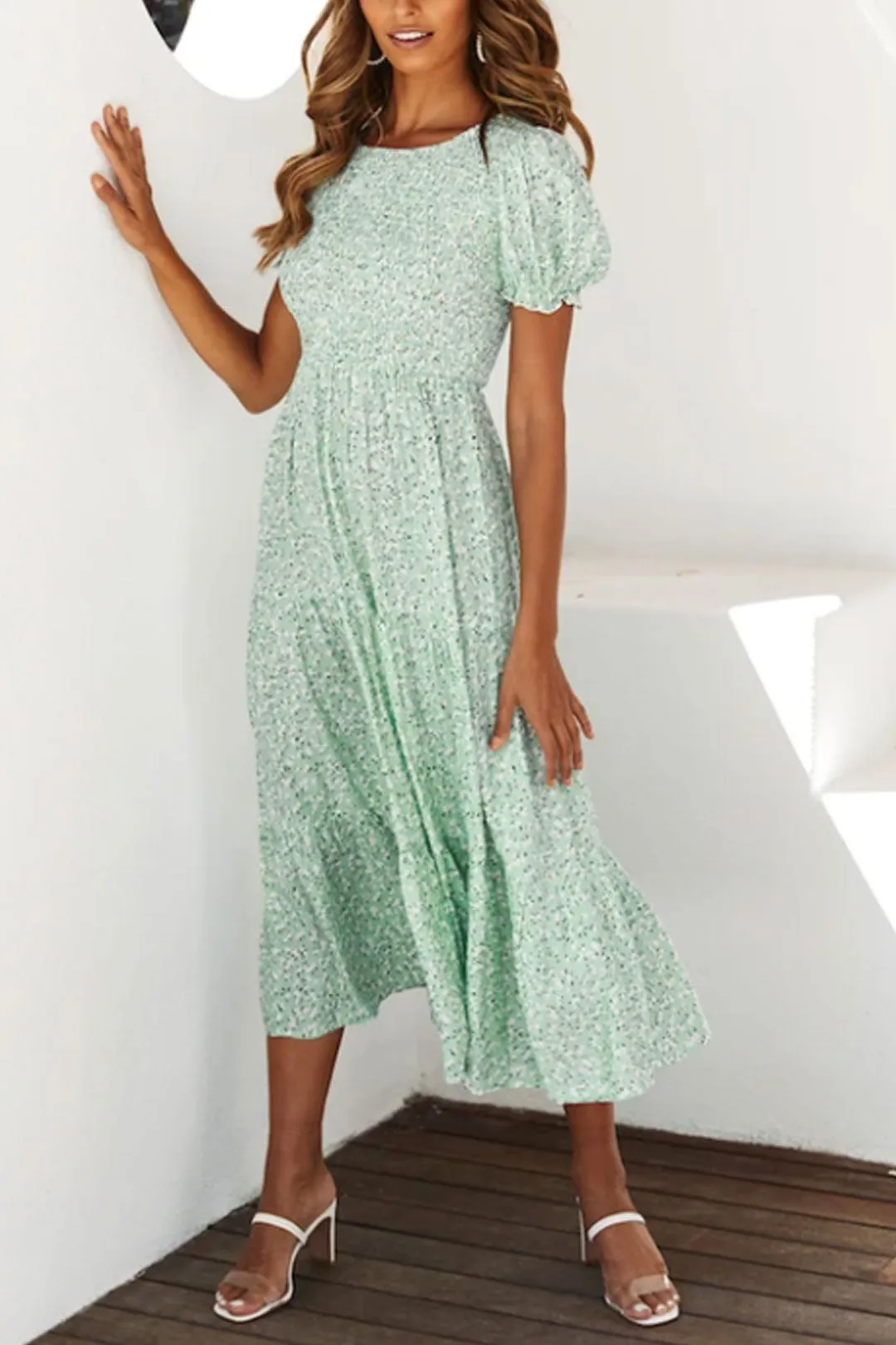 Boho Midi Dress, Off  Shoulder Smocked Dress, Blue Daisy Garden