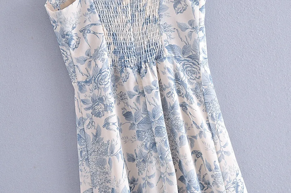 Boho Midi Dress, Strappy Sundress, Blue Vintage Rose